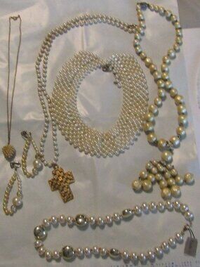 Lot of 6+ Faux PEARL JEWELRY PIECES New & Vintage Cross Heart Necklaces Earrings